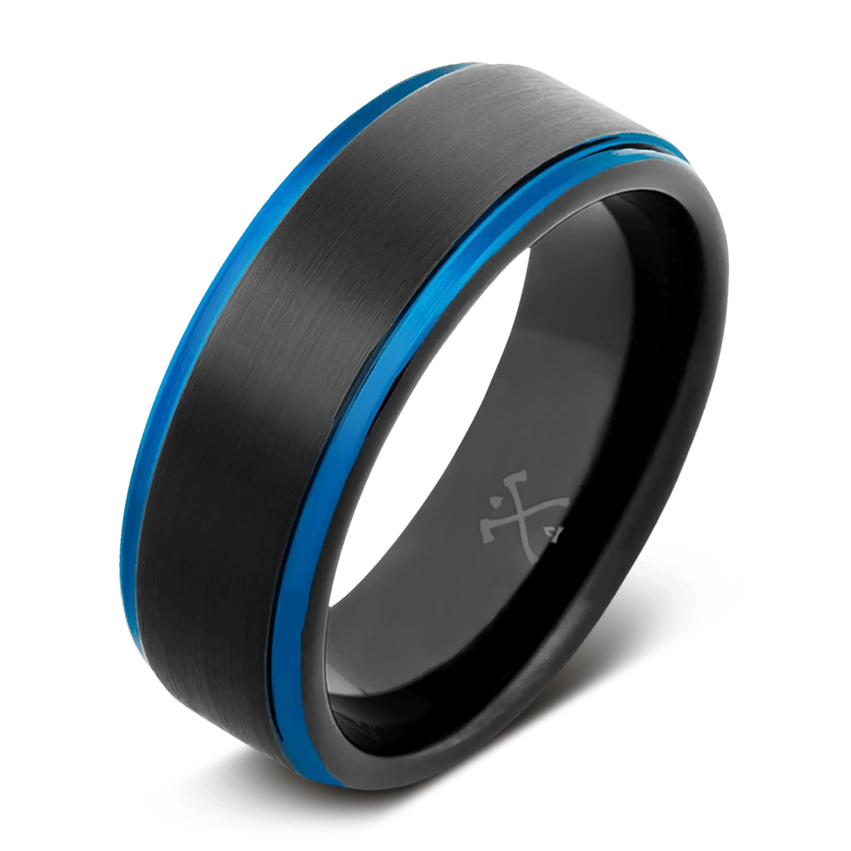 Manly Bands | The DJ | Black Plated Tungsten with Blue Plating Men's Wedding Band: 8mm, Flat Stepped Edge, Comfort Fit, Black, Heavyweight & Wide