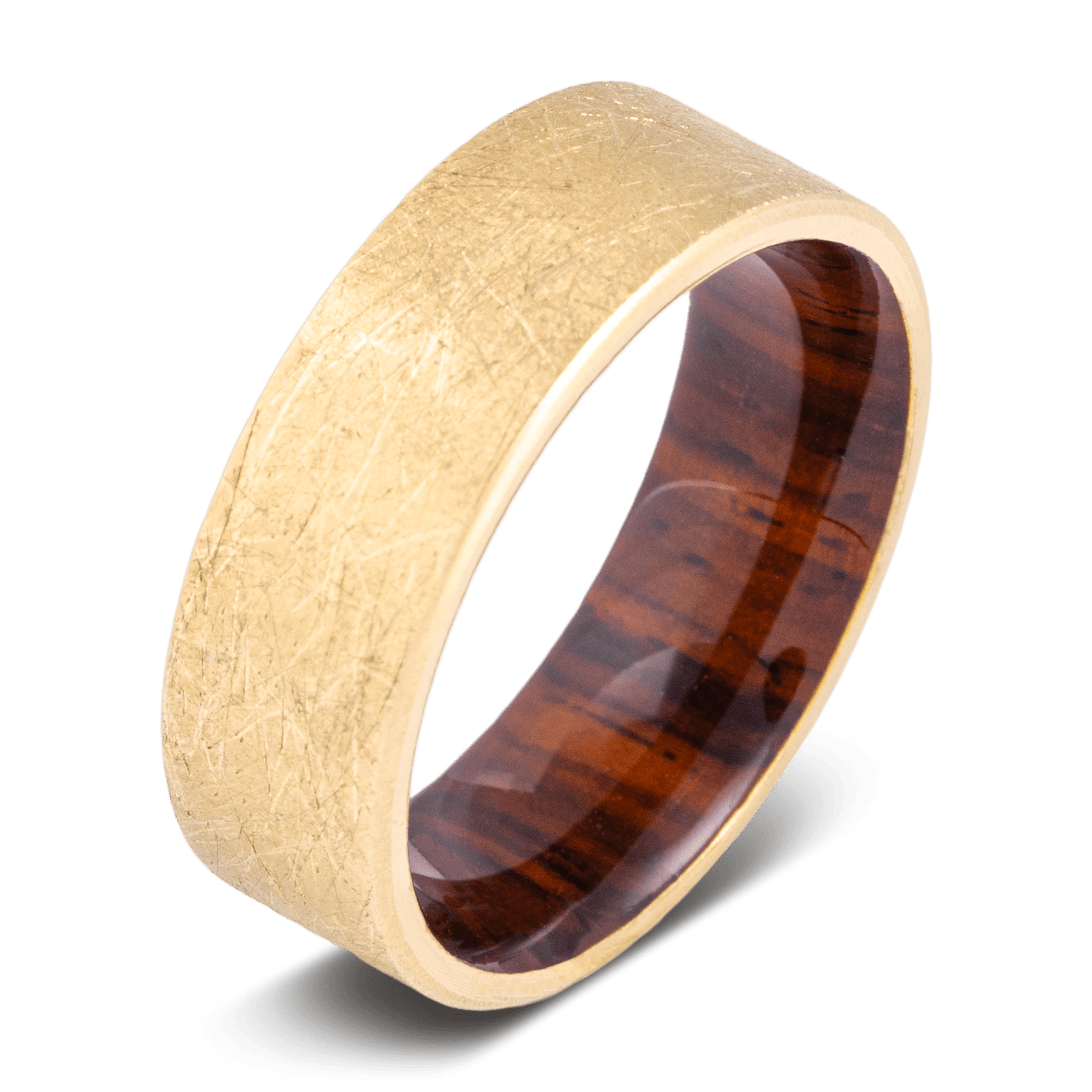 The Baron. Mens gold wedding band made with yellow gold on the outside with a cocobolo wood sleeve inside 