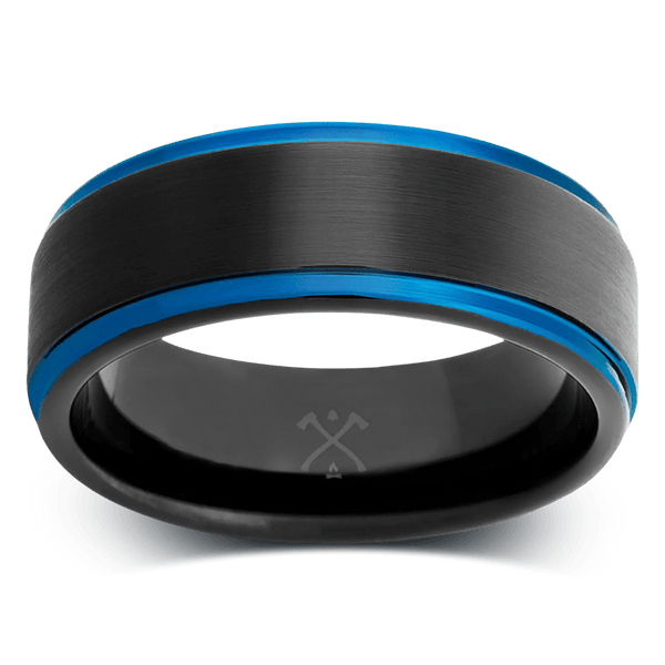 Manly Bands | The DJ | Black Plated Tungsten with Blue Plating Men's Wedding Band: 8mm, Flat Stepped Edge, Comfort Fit, Black, Heavyweight & Wide