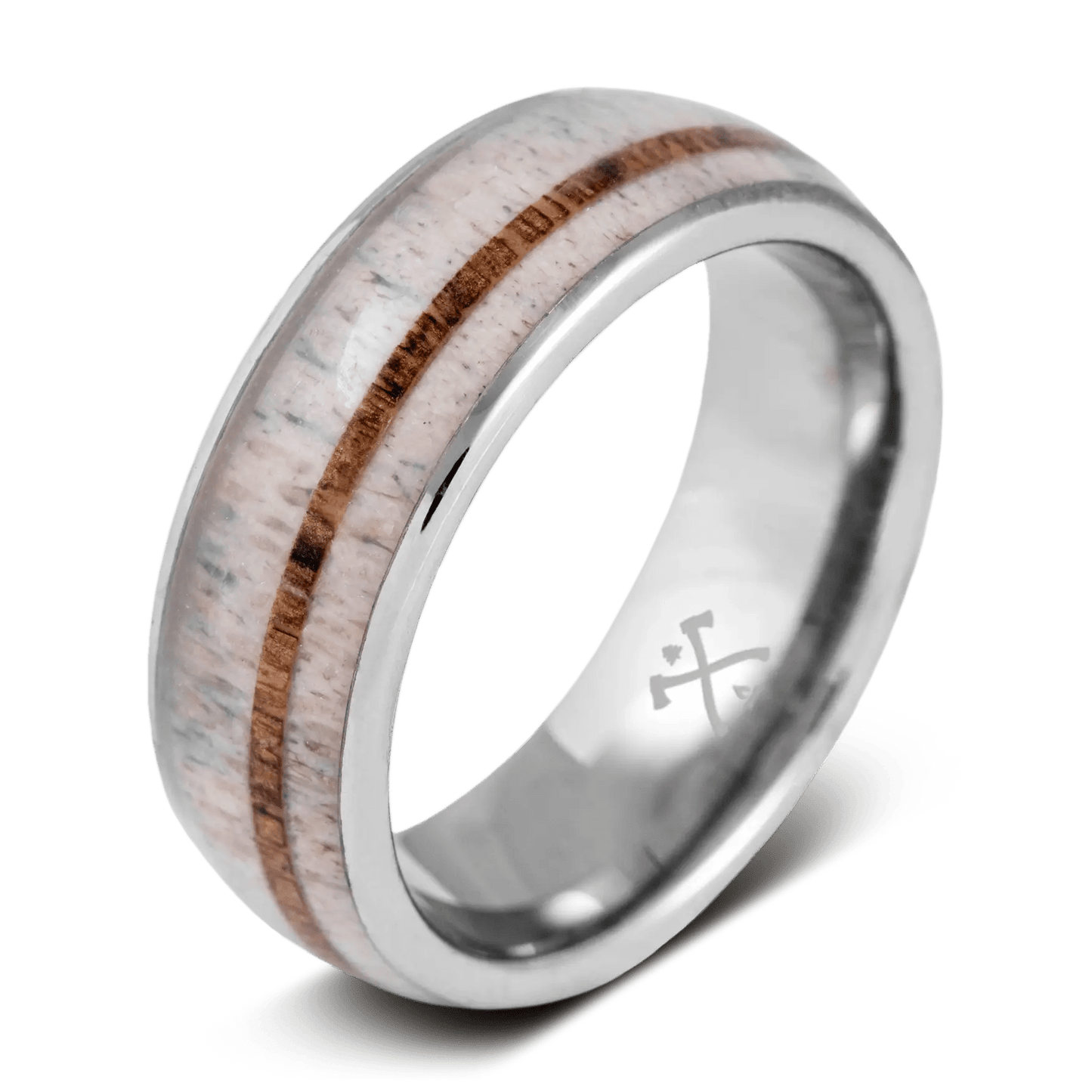 The Stag | Men's Antique Walnut Wood & Elk Antler Wedding Band with Dual Metal Inlays | Rustic and Main