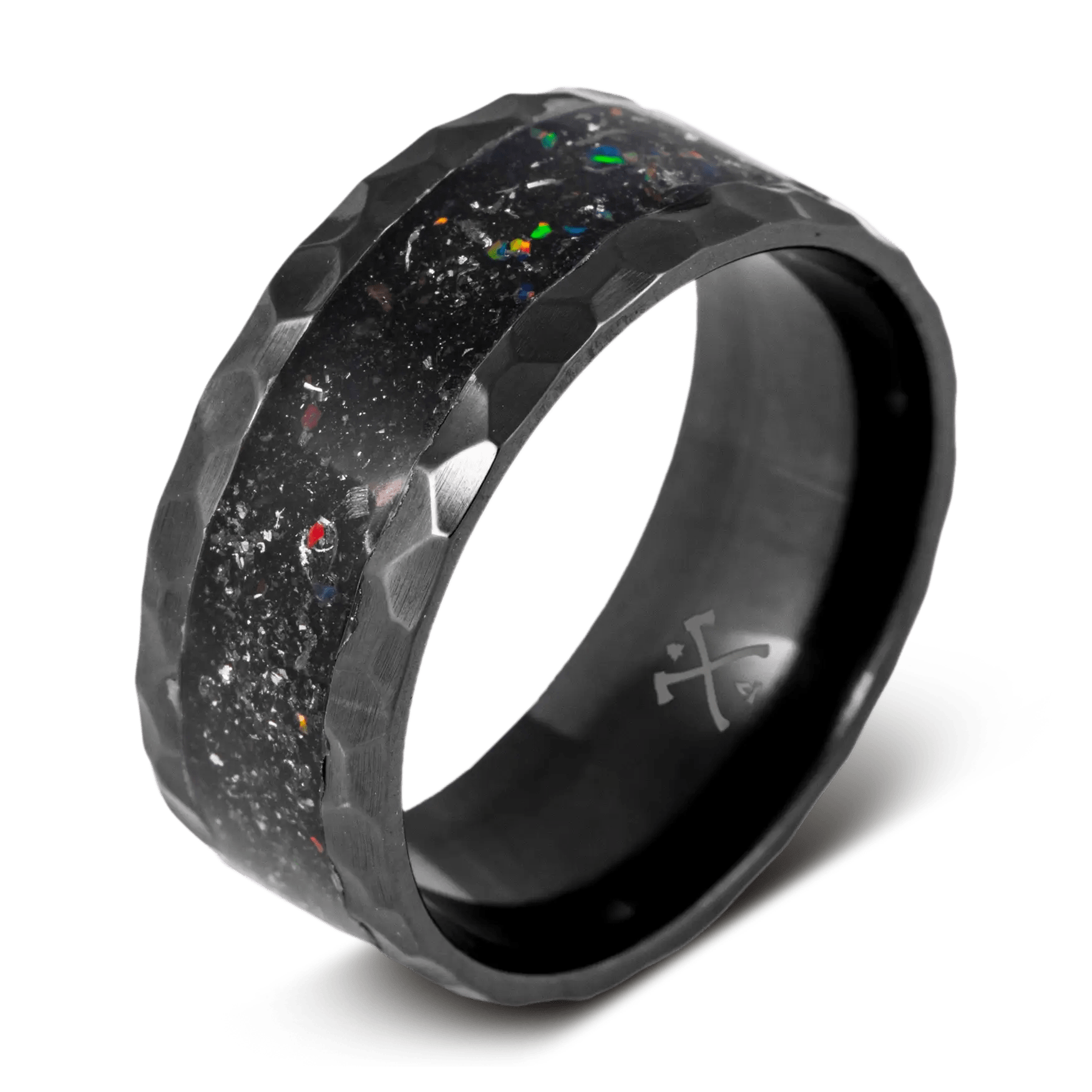 The galactic raptor black ring for men made with black zirconium, dinosaur bone, meteorite, and space titanium opal