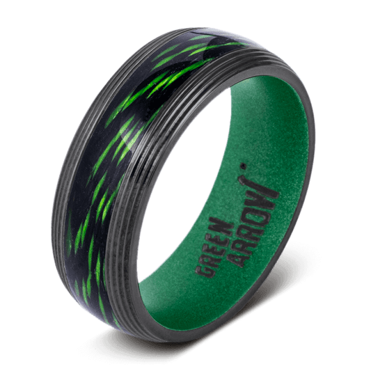 The green arrow black ring for men made with black zirconium, green cerakote, and a bow string inlay