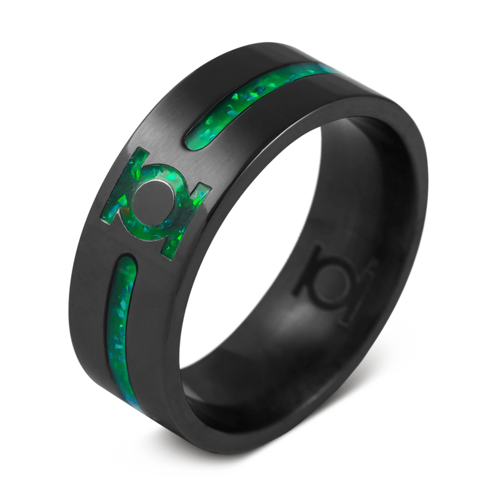 The green lantern black ring for men made with black zirconium and opal