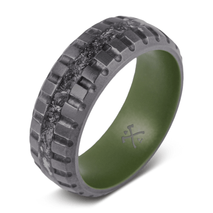 The Willys. Military ring with black zirconium, WWII Willys MB Jeep, jeep tire engraving, and army green cerakote sleeve