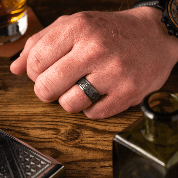 rustic viking ring hand carved, mens forged ring black silver, rugged  silver ring, wide mens ring silver, rustic wedding band mens - Viking Front