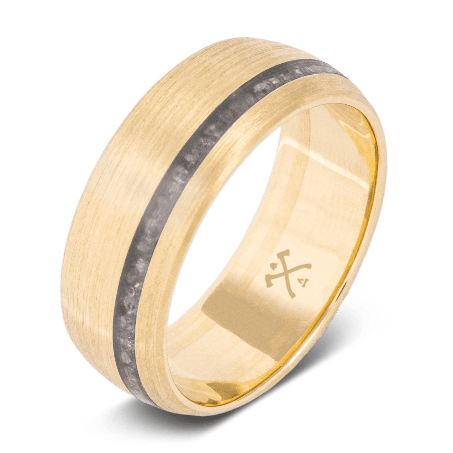 The Zeus. Mens gold wedding band made with yellow gold and offset crushed diamonds 8mm